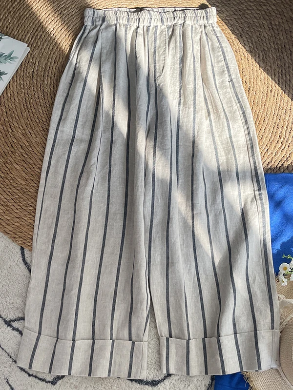 

Summer 2026 Casual Cotton Linen Wide Leg Pants Striped Turn-down Cuff Nine Point Thick Large Size Women's Loose Pocket Print