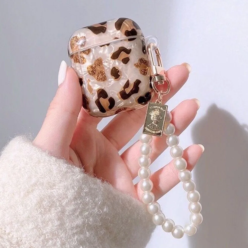 Shell Pearl Leopard Pattern Earphone Case For Apple AirPods Pro 2 3 4 4th 2024 Soft Girls Protective Cover with Pendant Keychain