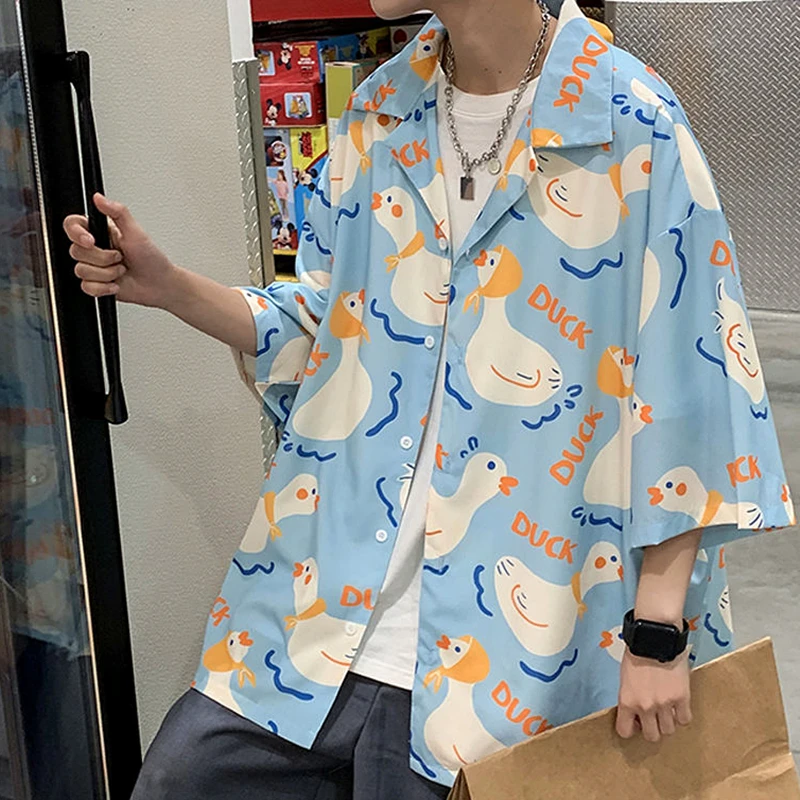 Fairy Tale Cute Duck Anime Button Up Shirt Kawaii Teenage Cool Beach Tops Oversized Loose Casual Men Women Streetwear Summer Tee