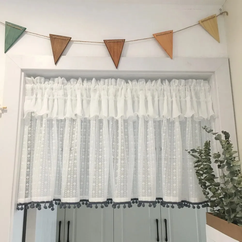 White Lace Short Curtains for Cabinet Kitchen Tier Double Layer Pom-Pom Cafe Hotel Farmhouse Doorway Half Window Drapes