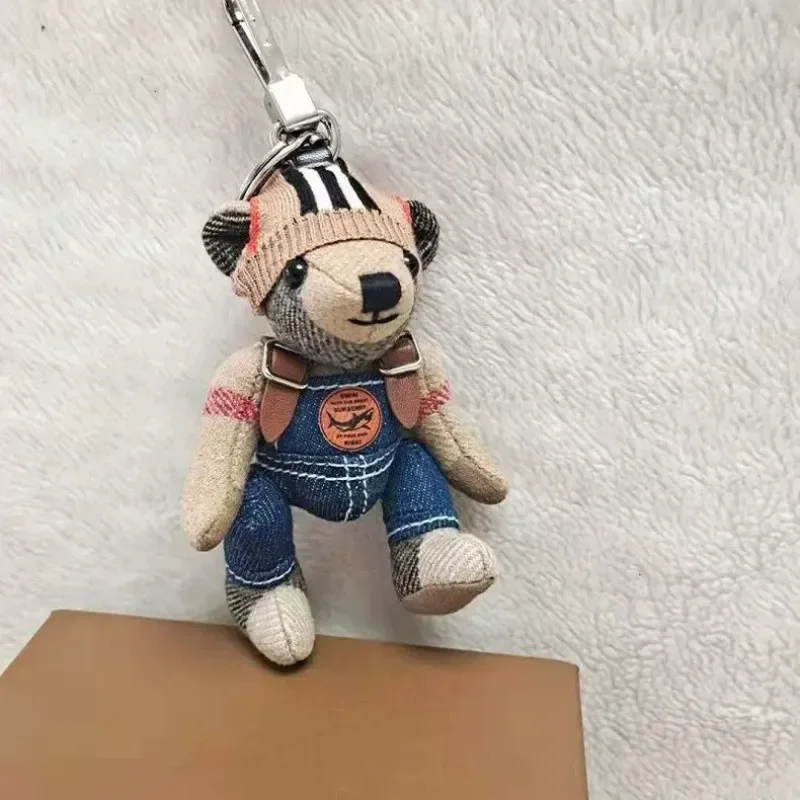 Cute Cashmere Plaid Teddy Bear Denim Overalls Charm Car Hanging Ornament Couple Bag Plush Doll Keychain Women Men Gift