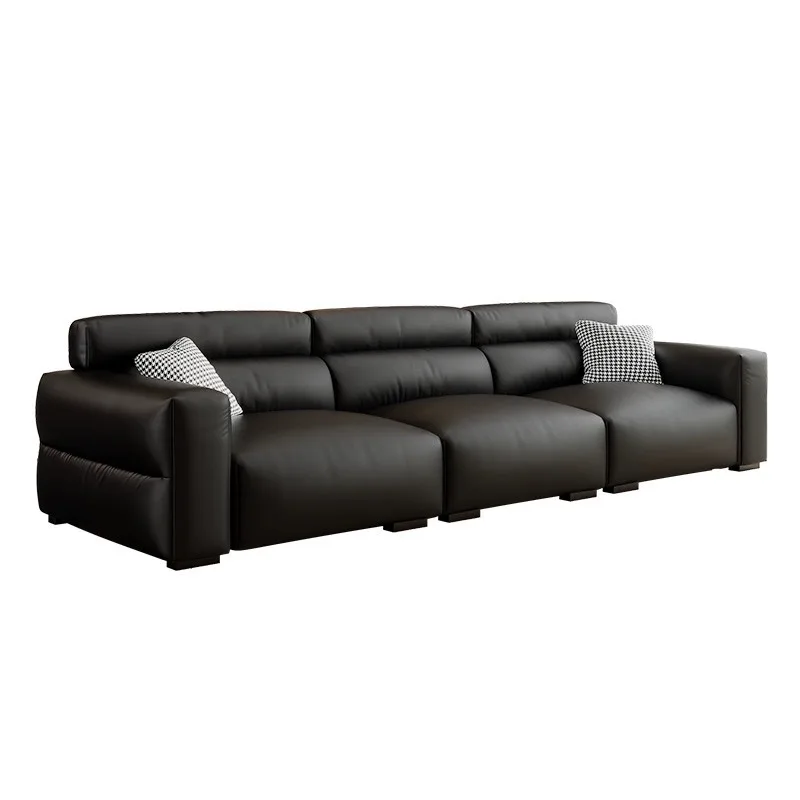 Cow leather sofa first layer cowhide living room minimalist small apartment down black leather art