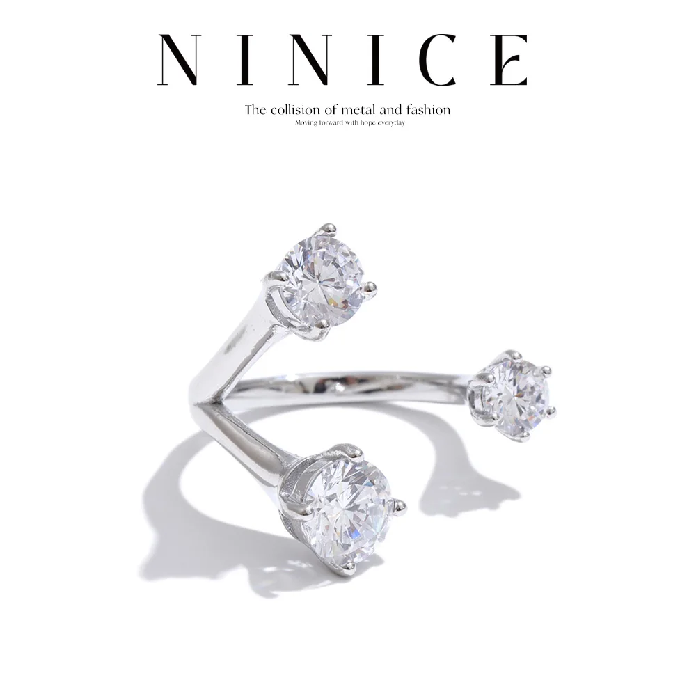 Anillo Abierto de Acero Inoxidable NiNice, Lujoso y Brillante, con Circonita Cúbica AAA, Diseño de Moda, Ajustable, Joyería Exquisita para el Dedo, Regalo para las Fiestas