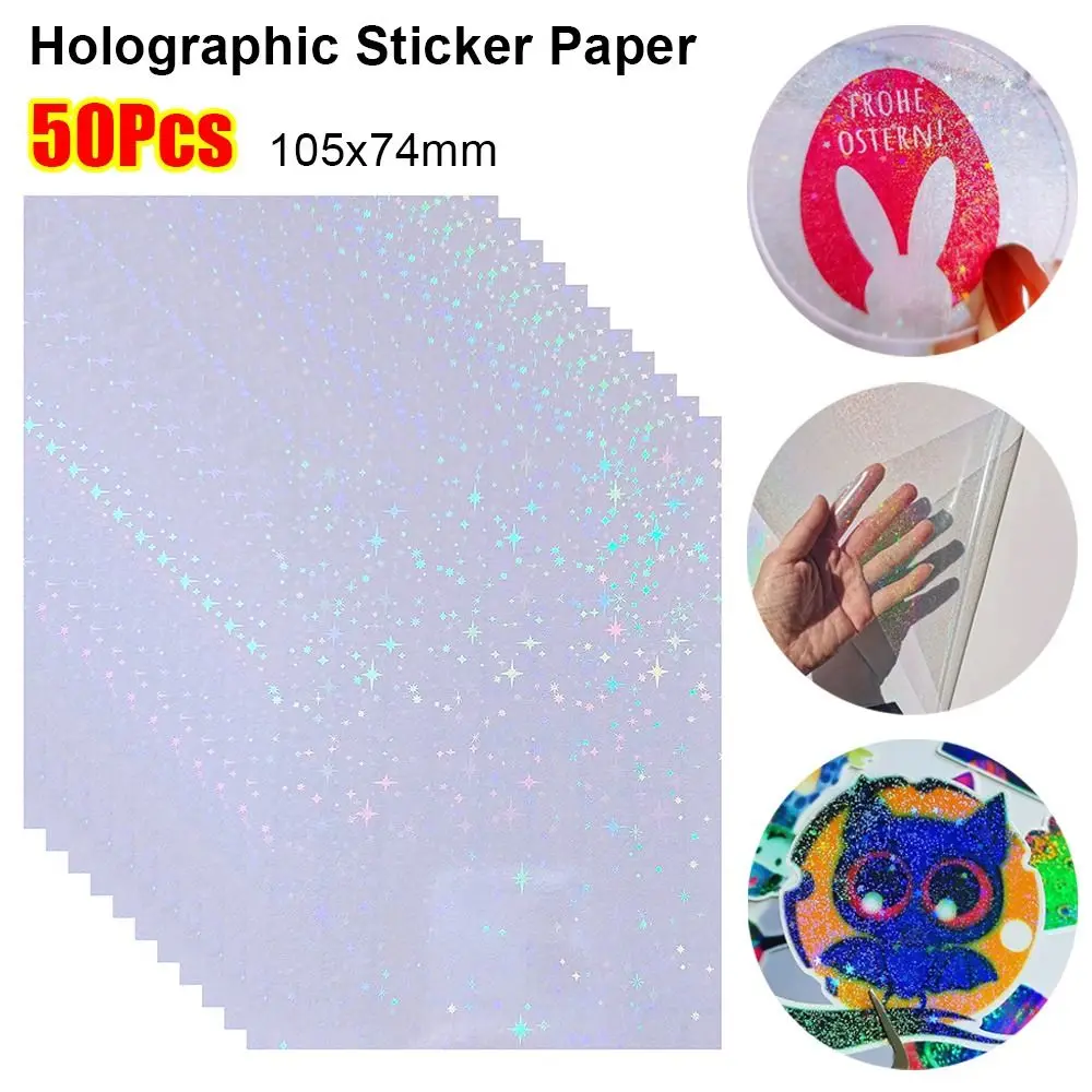 50Pcs Sand Stars Holographic Sticker Paper 3 Inch 105x74mm Self Adhesive Cold Lamination Film Waterproof Clear Overlay Film