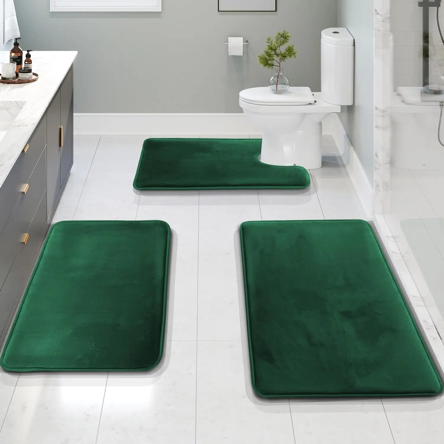 3 Piece Bathroom Rugs Set Velvet Memory Foam Bath Mats with Non-Slip PVC Backing for Bathroom Washable Quick Dry Green
