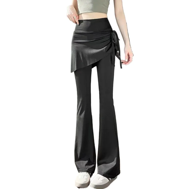 

Корейские поддельные брюки из двух предметов с юбкой, женские новые эластичные брюки с высокой талией для йоги и танцев, женские однотонные расклешенные брюки на шнурке, женские