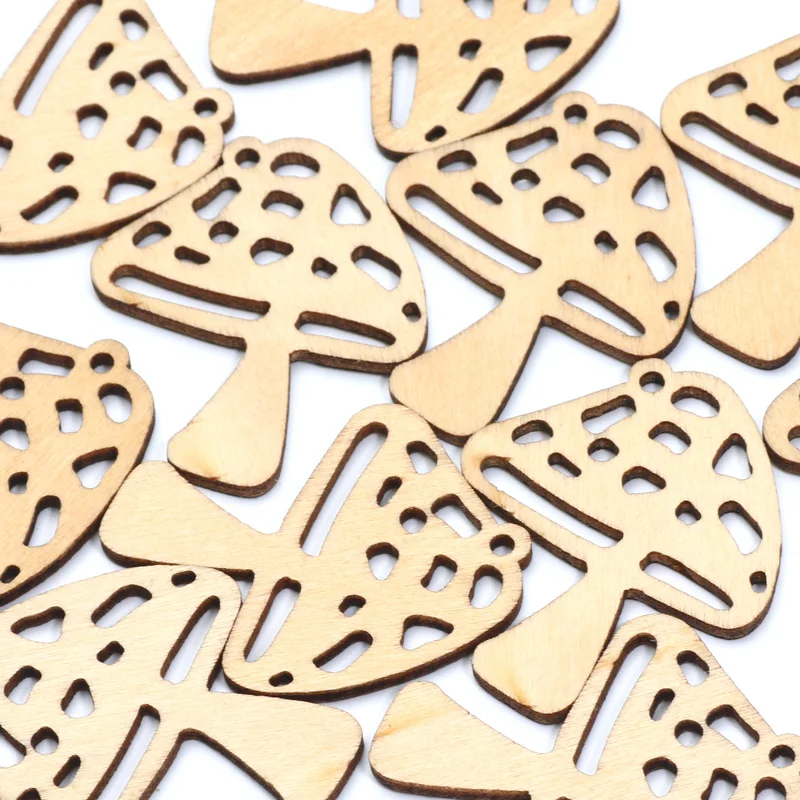 10pcs 34x40mm Small Natural Wooden Hollowed Mushroom Pattern Slice Scrapbooking Embellishment DIY Handmade Craft Decor Wood Chip