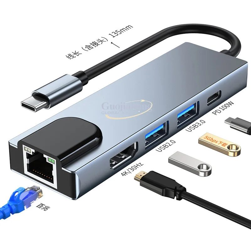 Dock type-c 5 in 1 network interface card with the same screen, suitable for notebook   5-in-1 docking station