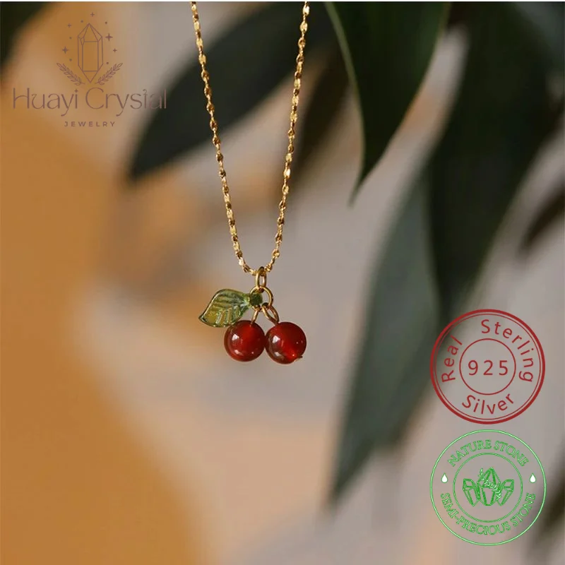 S925 silver red agate Cherry necklace women's handmade special interest light luxury design clavicle chain