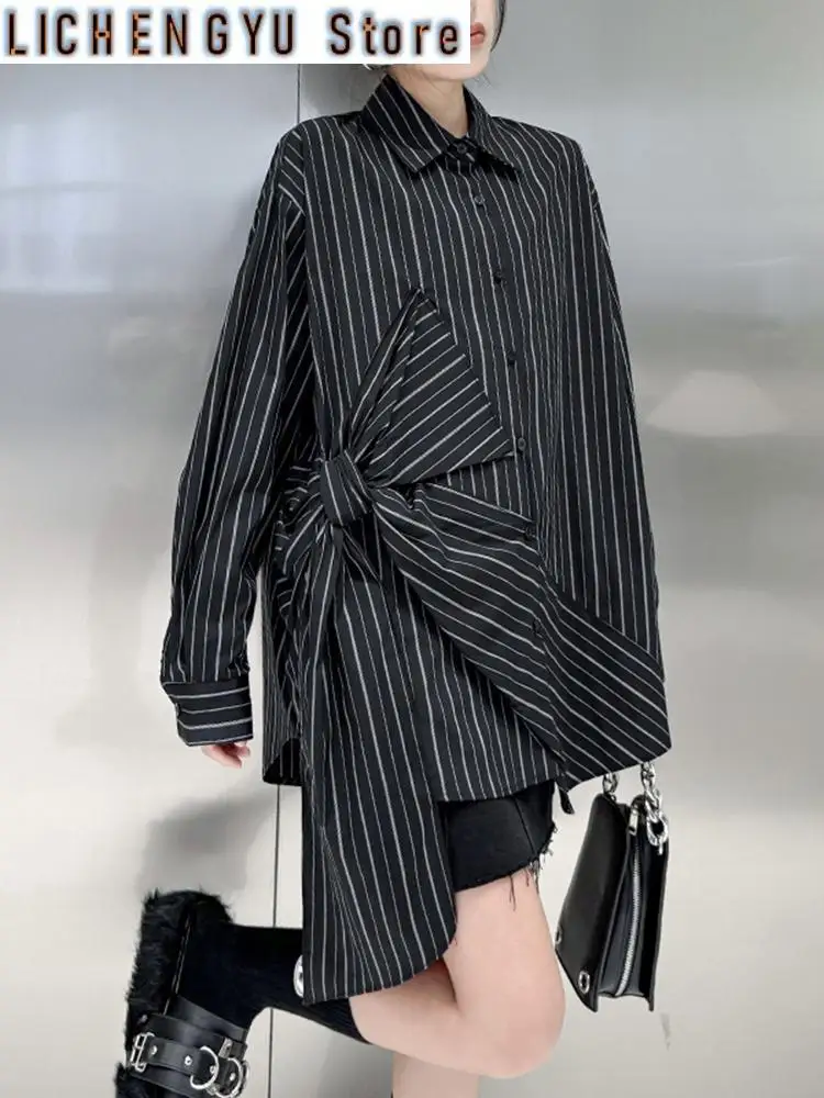 Women Black Striped Bow Irregular Big Size Blouse Lapel Long Sleeve Shirt Fashion Tide Spring Autumn