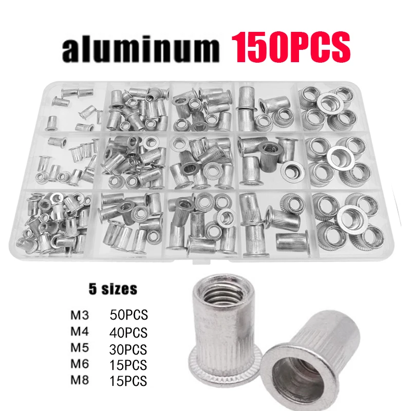 

150Pcs M3 M4 M5 M6 M8 Aluminum Alloy Rivnut Flat Head Threaded Rivet Insert Nutsert Cap Rivet Nut