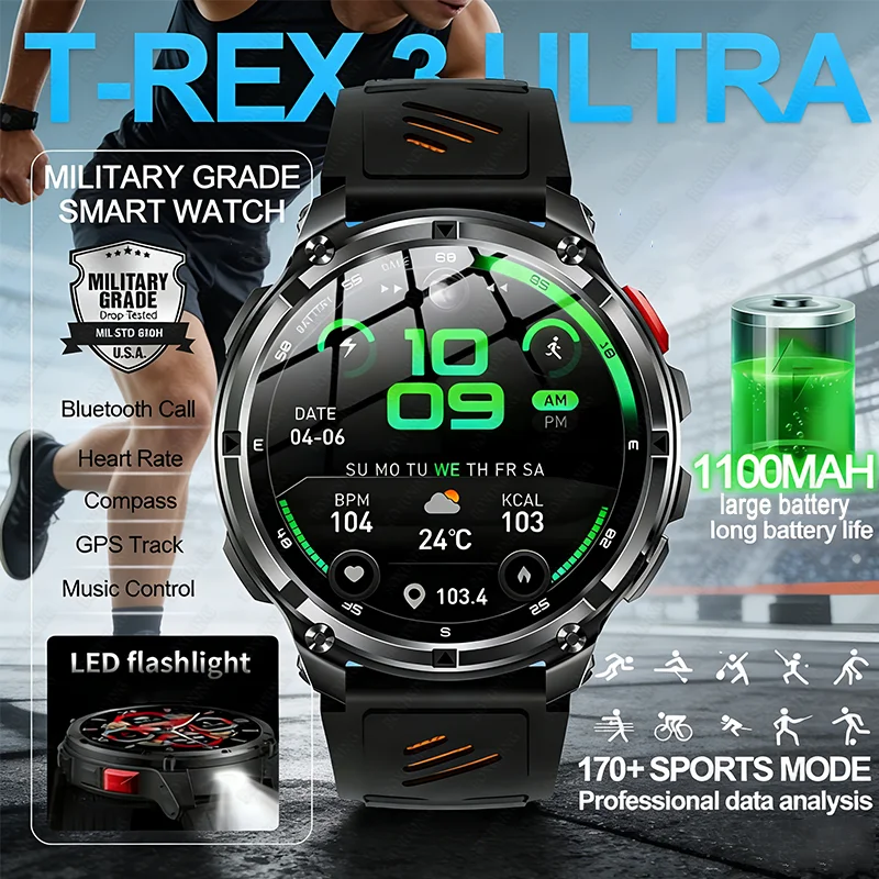 

2026 Новый T-REX3 1100 мАч Батарея SmartWatch IP68 Водонепроницаемый GPS Bluetooth вызов 1,7 "AMOLED HD Спортивный фонарик Смарт-часы для мужчин