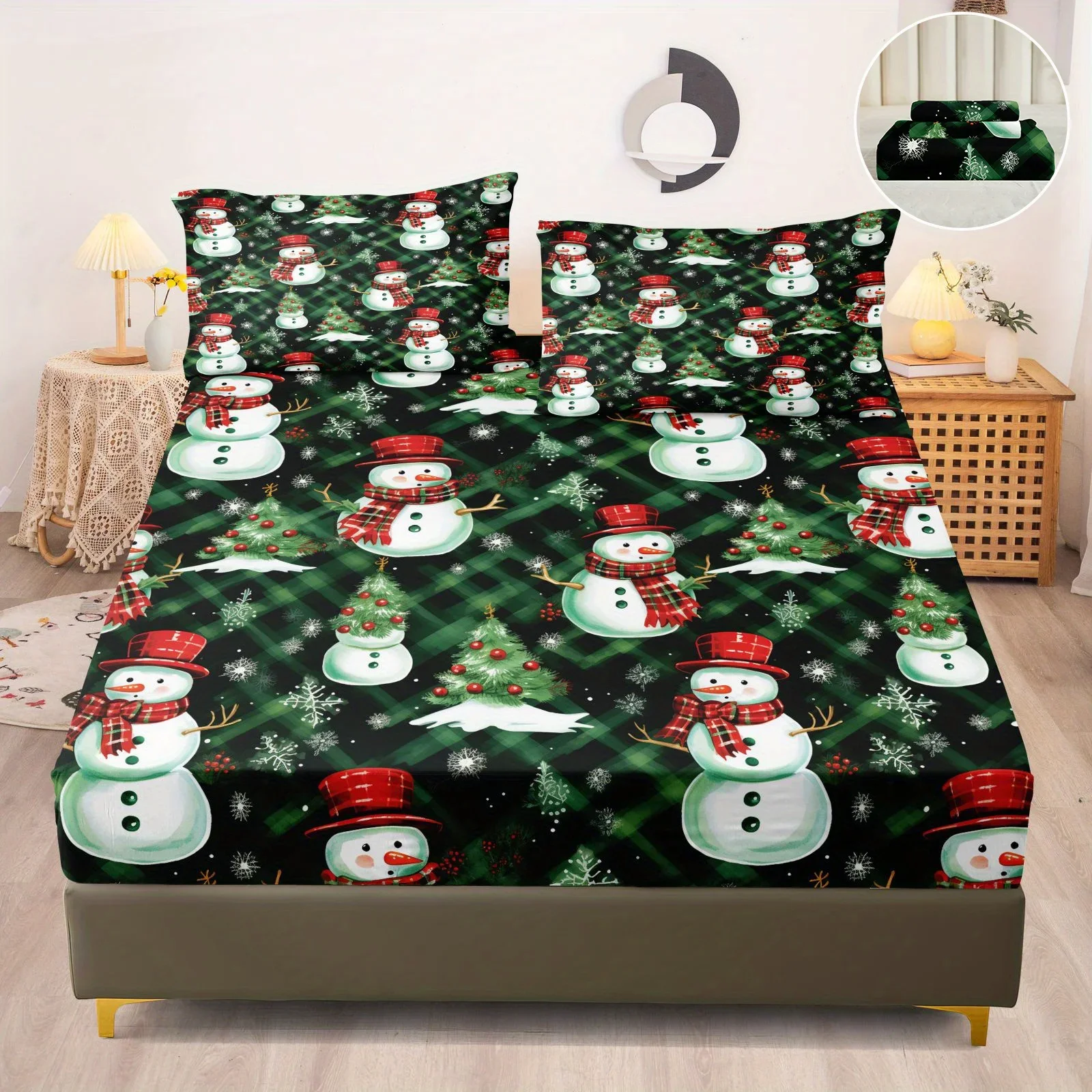 

Polyester Plaid Christmas Snowman Bedding Set, Soft Comfortable Fitted Sheet and Pillowcases, 20x30 inches, Multiple Sizes