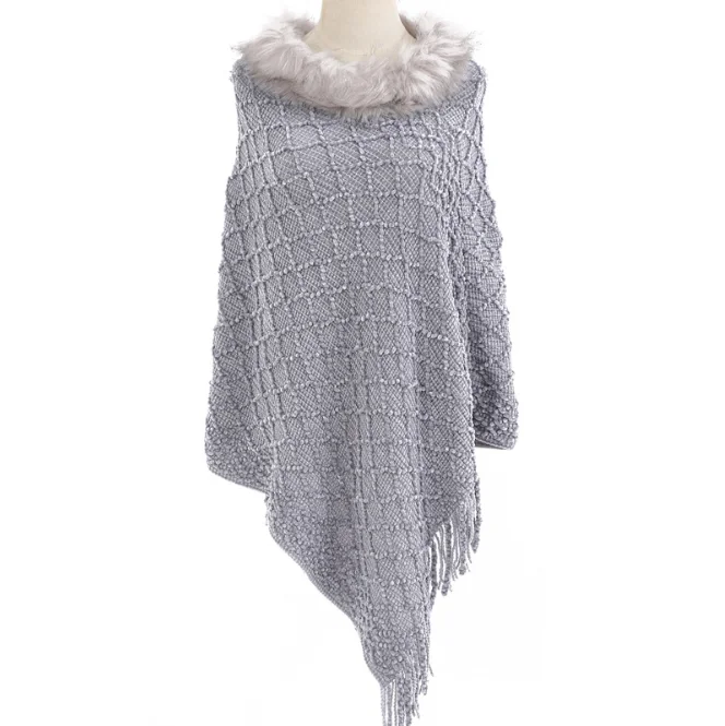 Large Knitted Shawl Women's Autumn  Winter New Chenille Cloak Fur Warm Tassel Pullover Cloak Hairy Collar Outdoors White