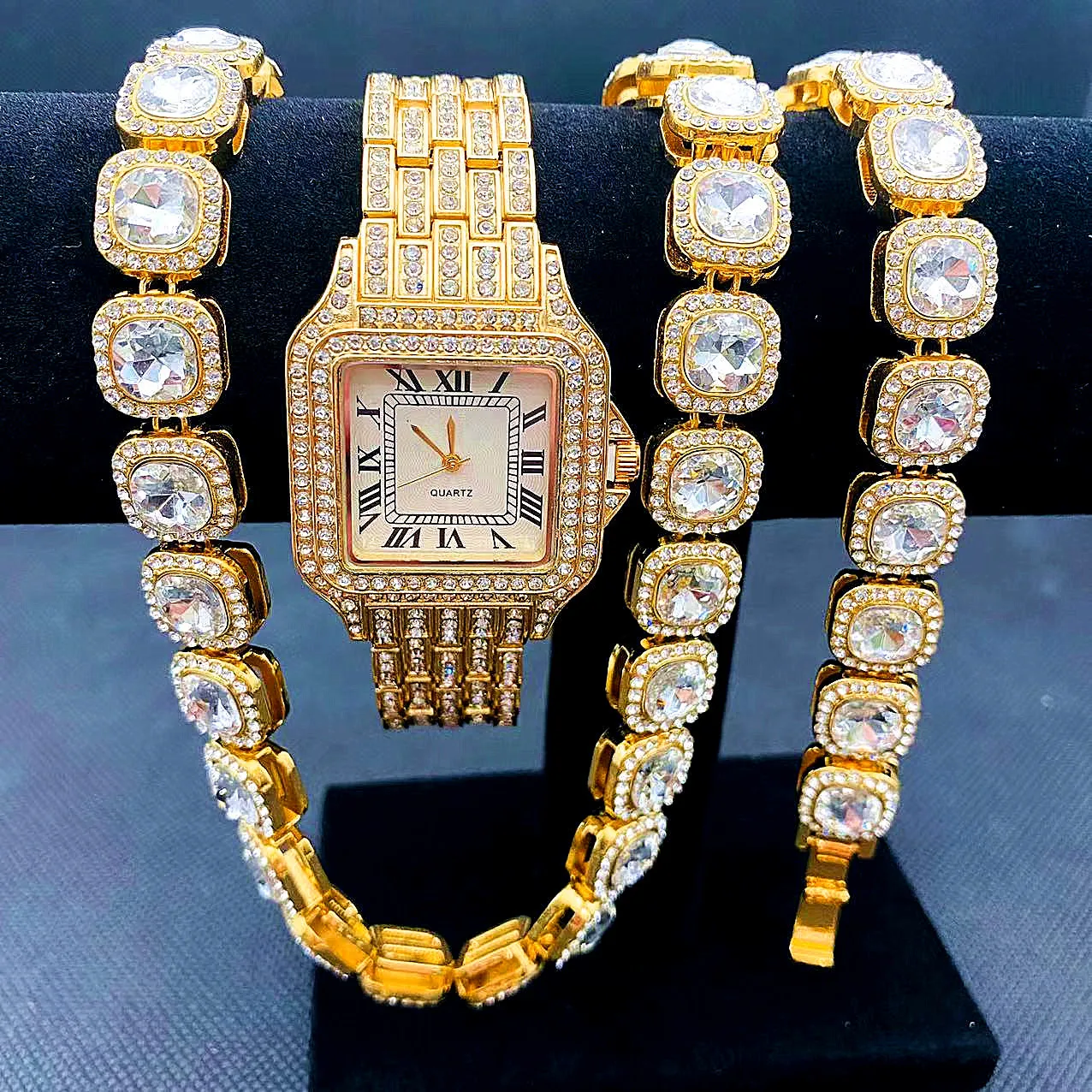 Luxury Iced Out นาฬิกาผู้หญิงทองนาฬิกา Sliver Link สร้อยข้อมือสร้อยคอเครื่องประดับ Bling ผู้หญิงชุดนาฬิกา Relojes