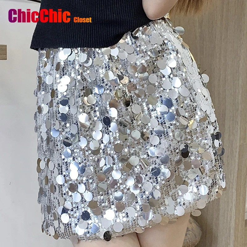 

Silver Sequin Skirt Woman High Waist Mini Skirt Woman Fashion Shiny Glitter Elegant Short Skirts For Women Y2k Skirts Party