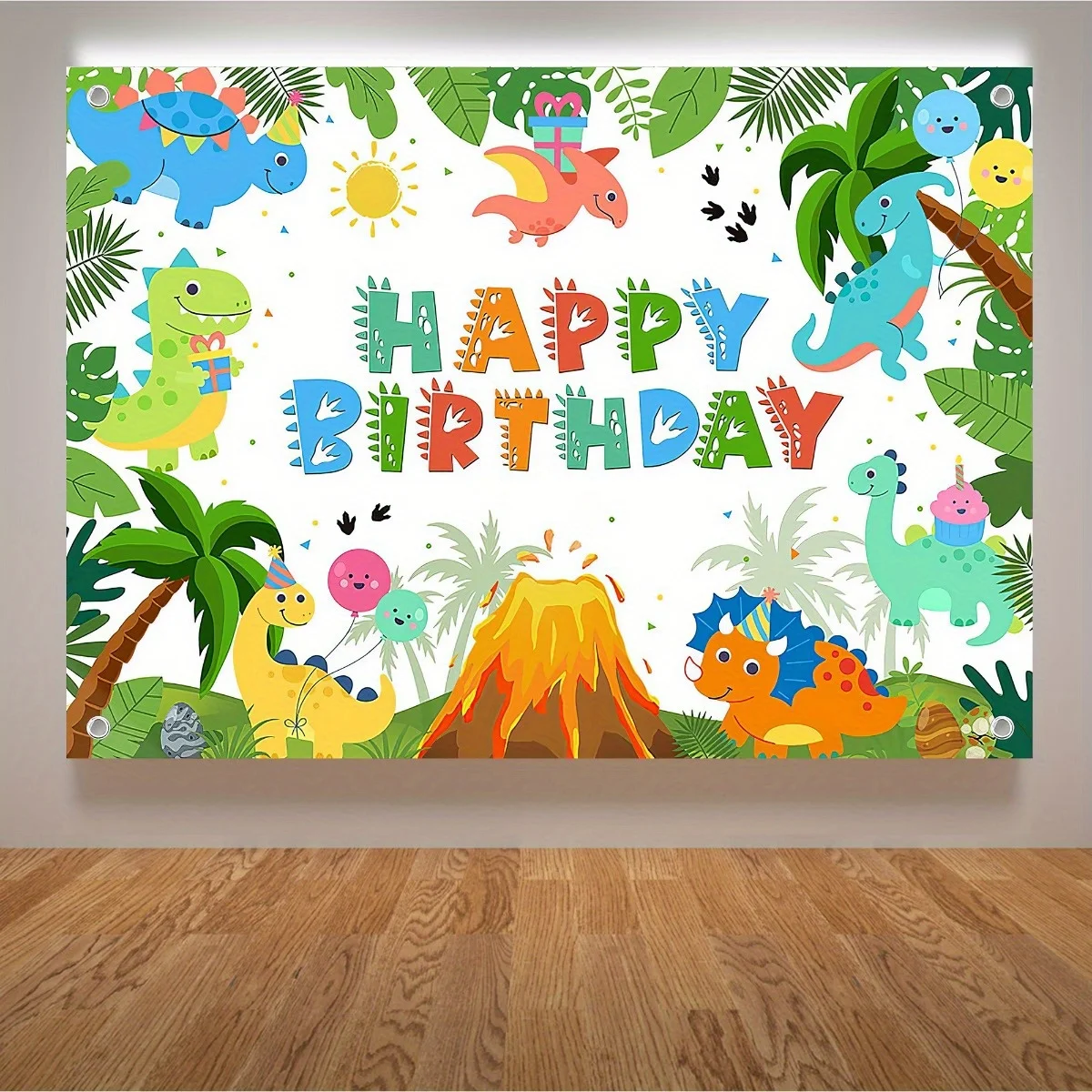 Cartoon Dinosaur Jungle Balloon Cake Volcano Pattern Backdrop - Perfect for Birthday Parties and Outdoor Photography