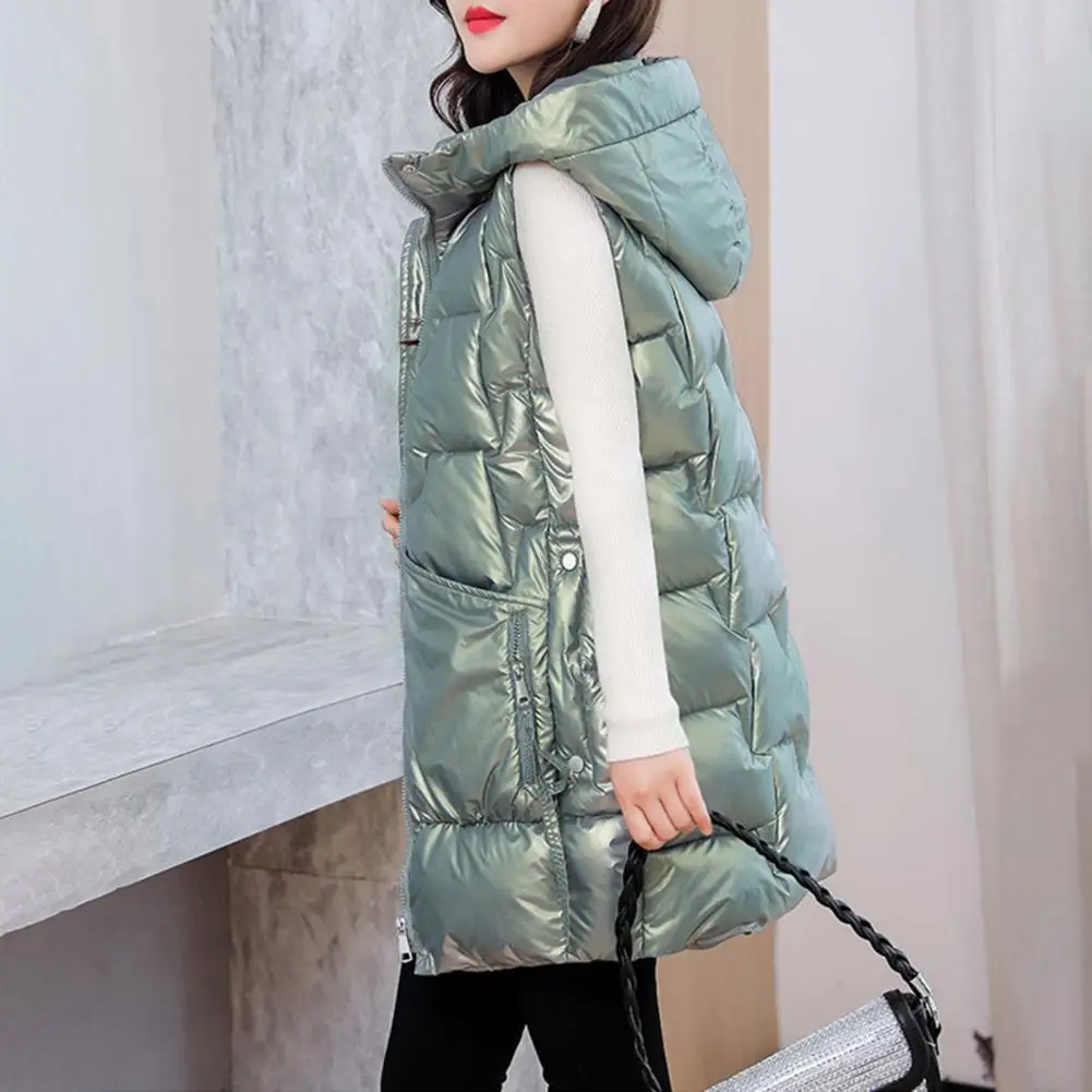 Simple Puffer Vest  Buttons Zipper Placket Thickened Down Waistcoat  Women Warm Sleeveless Long Type Hooded Jacket