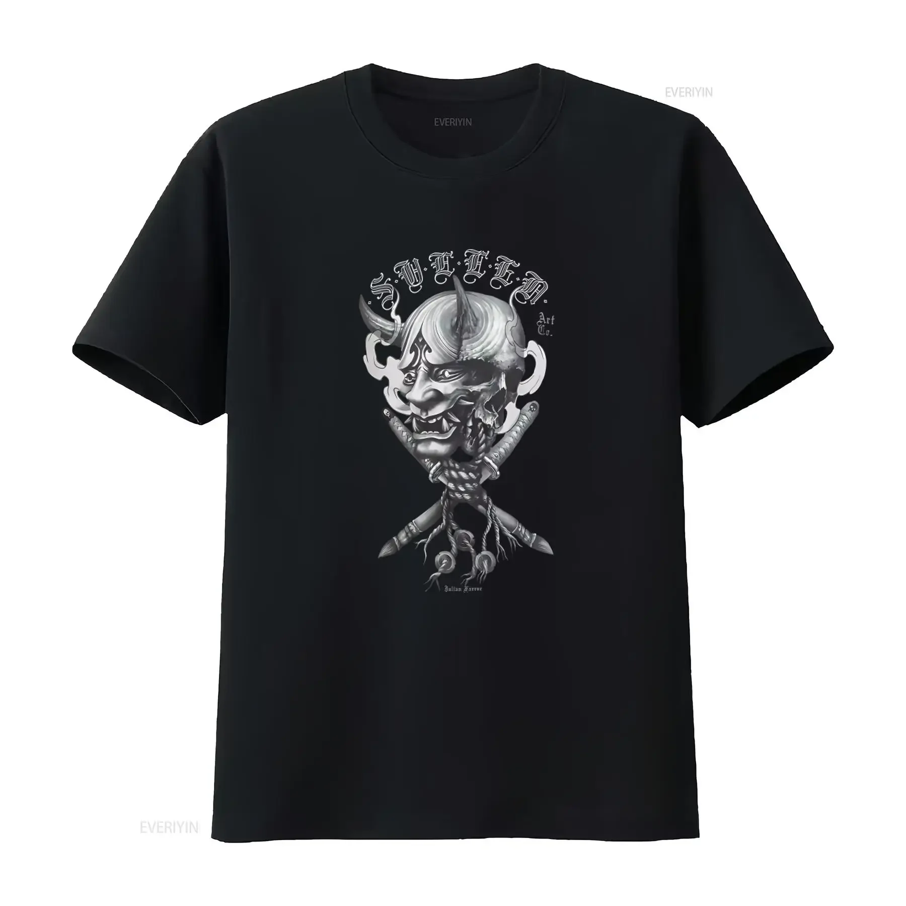 Sullen Men's Farrar Hanya Premium Jet Black T Shirt Japanese Demon Mask Crossed Swords Design vintage Washed streetwear