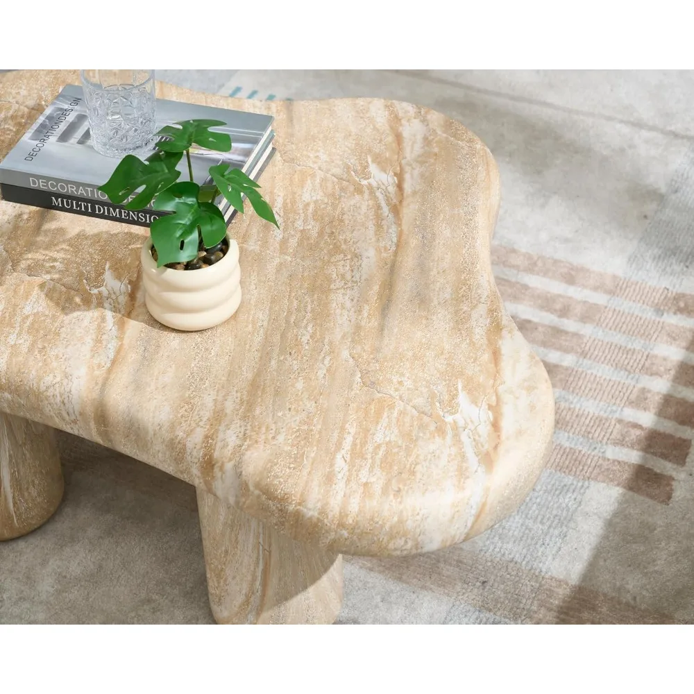 Mesa de centro elegante em nuvem inspirada em pedra – tampo tipo mármore curvo natural, peça central para sala de estar/quarto