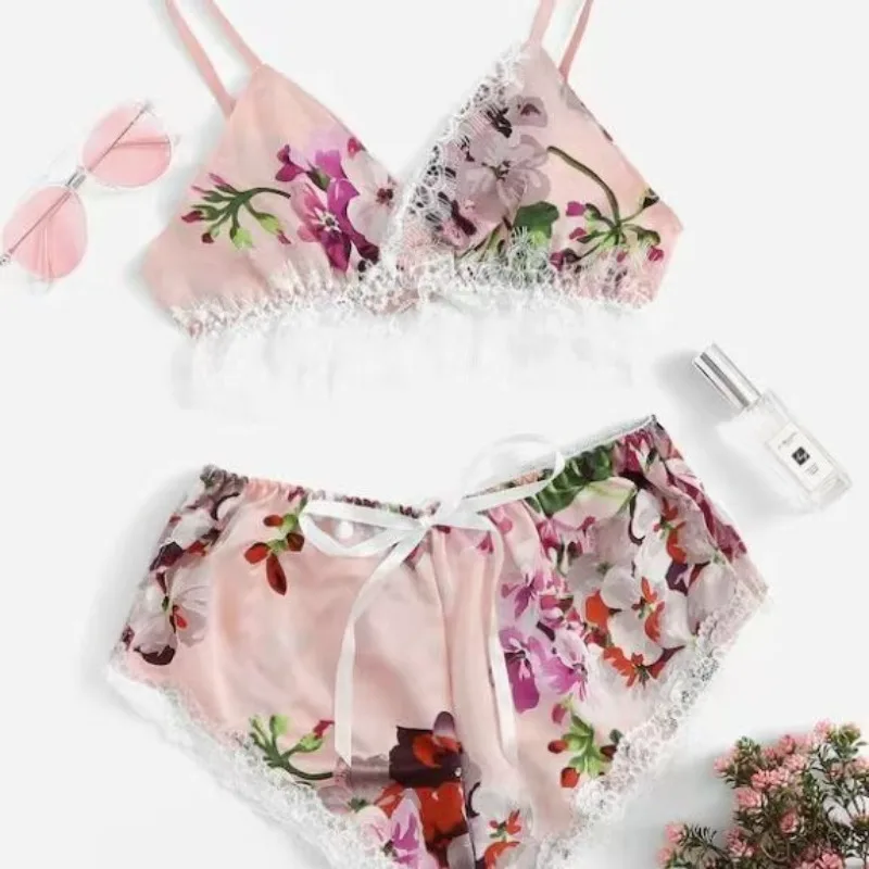 

Sexy Lingerie Flower Pattern Delightful Underwear Women's Homewear Set with Printed Underwear Frilled Edges of Flowered Suits