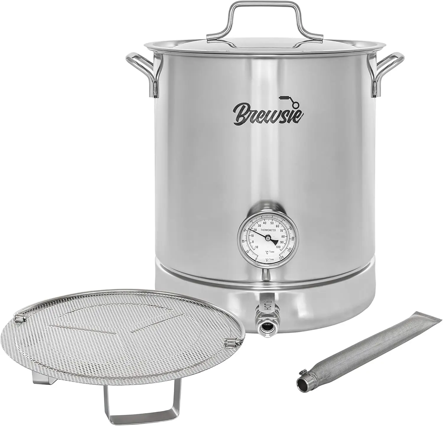 Stainless Steel Home Brew Kettle w/Dual Filtration. Equip with False Bottom Thermometer and Ball Valve for Brewing (16 G