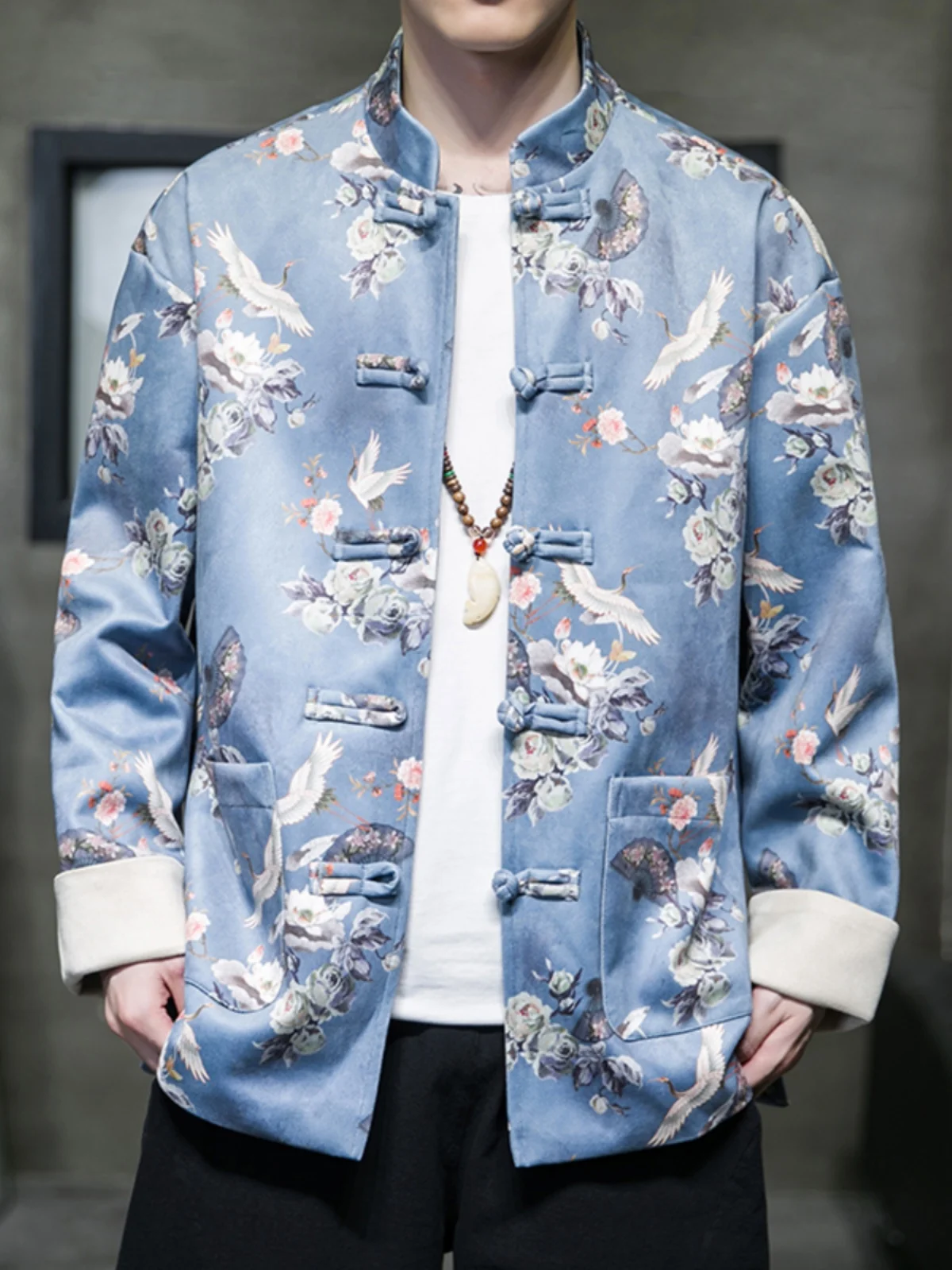 

Retro Suede Jaet Men's Trendy New Chinese Sle Crane Print Hanfu Top Spring Large Size Tang Costume Outerwear