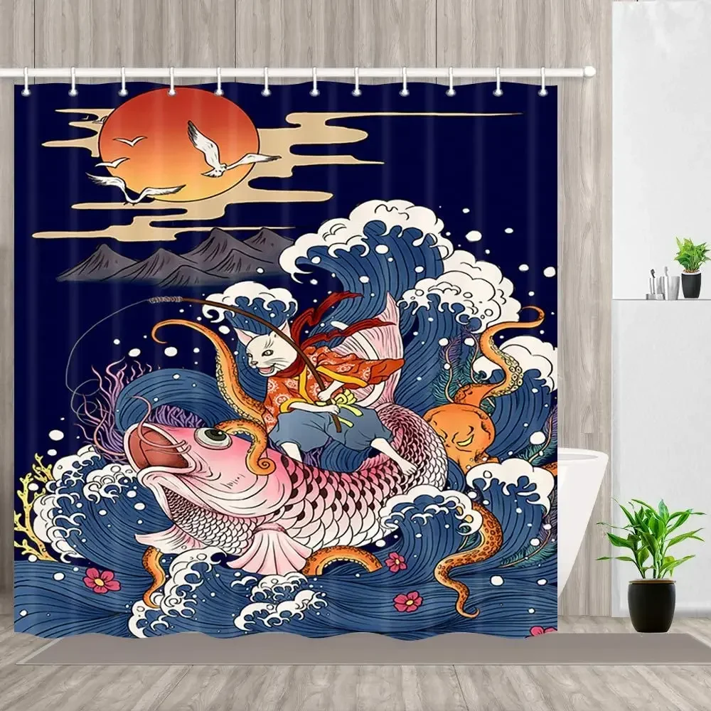 

Набор японских занавесок для душа Ukiyo-e, кошка на большом рыбе кои в море, водонепроницаемая волна, декор для ванной комнаты