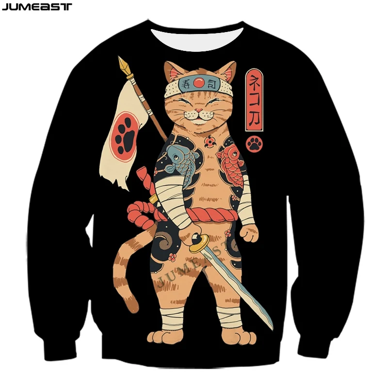 

Jumeast Y2k Men Women 3D Printed Sweatshirt Hip Hop Japanese Samurai Cat Long Sleeve Fashion T Shirt Sport Pullover Tops Tees