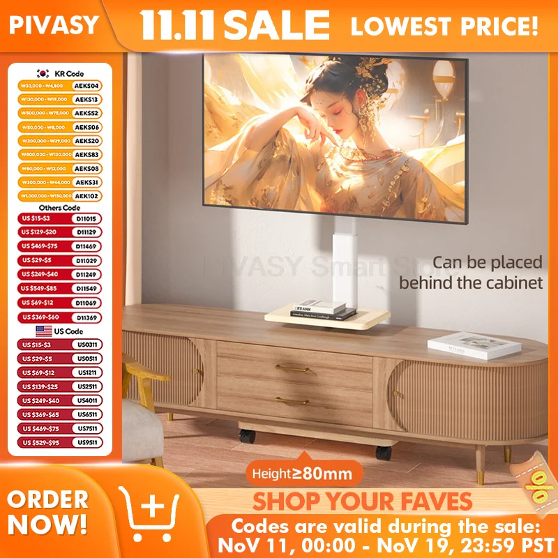 55, 65, 75인치 스크린용 모바일 플로어 마운트 모던 원목 TV 스탠드 롤링 카트 (트레이 포함, 360도 회전 바퀴, 공간 절약형 거실용)