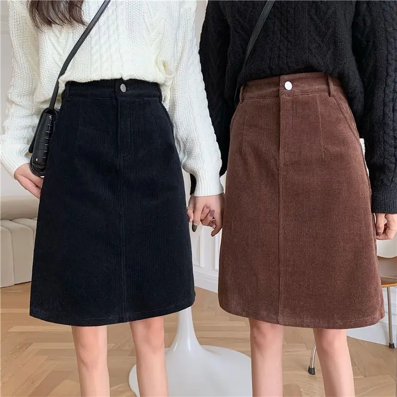 

Woman Midi-length Skirts Female Corduroy Retro Autumn Basic All-match Feminino Skirts Ladies High Waist Elastic Skirts G112