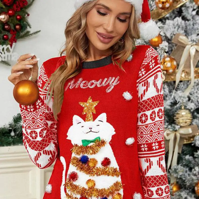 Autumn/winter New Jacquard Pullover Christmas Christmas Sweater Cartoon Kitten Embroidered Red Sweater