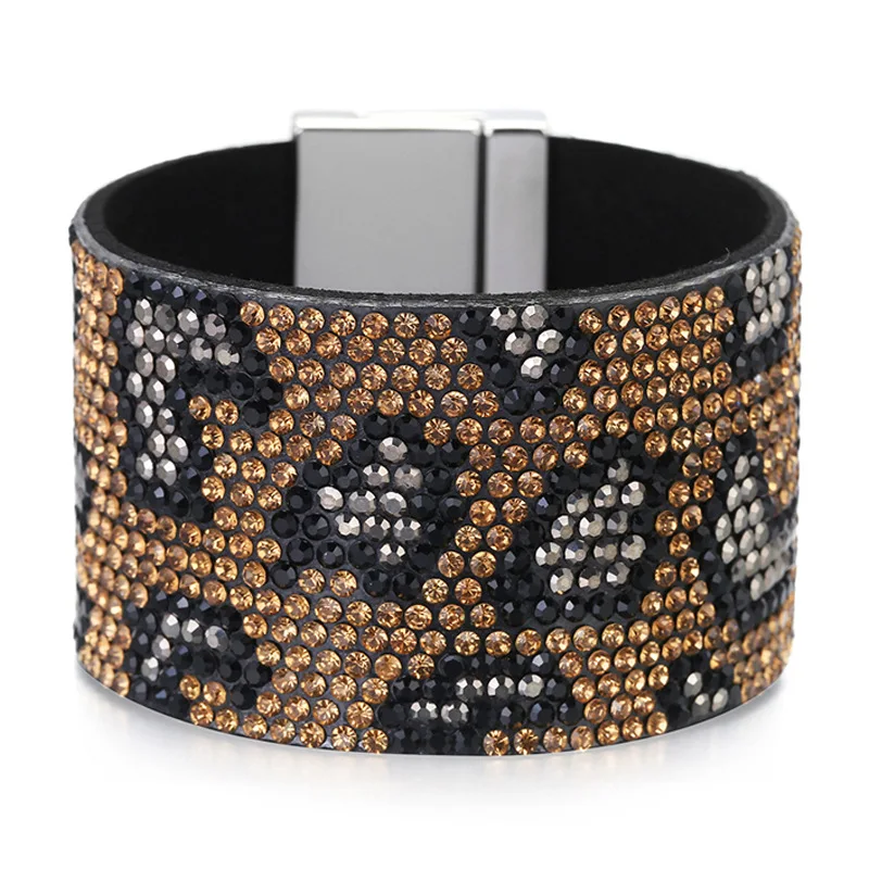 Kirykle Leopard Grain Rhinestone Wide Leather Bracelets Bangles for Women Girls Handmade Female Charms Cuff Bracelet Wristband