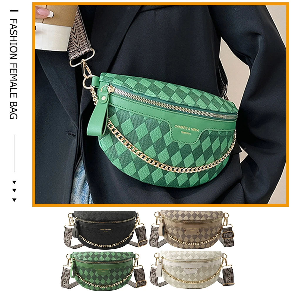 Rhombic Lattice Chest Bag Fashion Chain Women Messenger Bags Casual PU Leather Portable Simple Wide Strap for Weekend Vacation