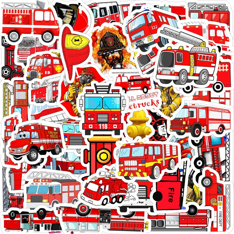 50 Pcs/Set Fire Truck Graffiti Sticker for Kids Notebook Hand Account Pencil Case Decoration Waterproof Label Stickers