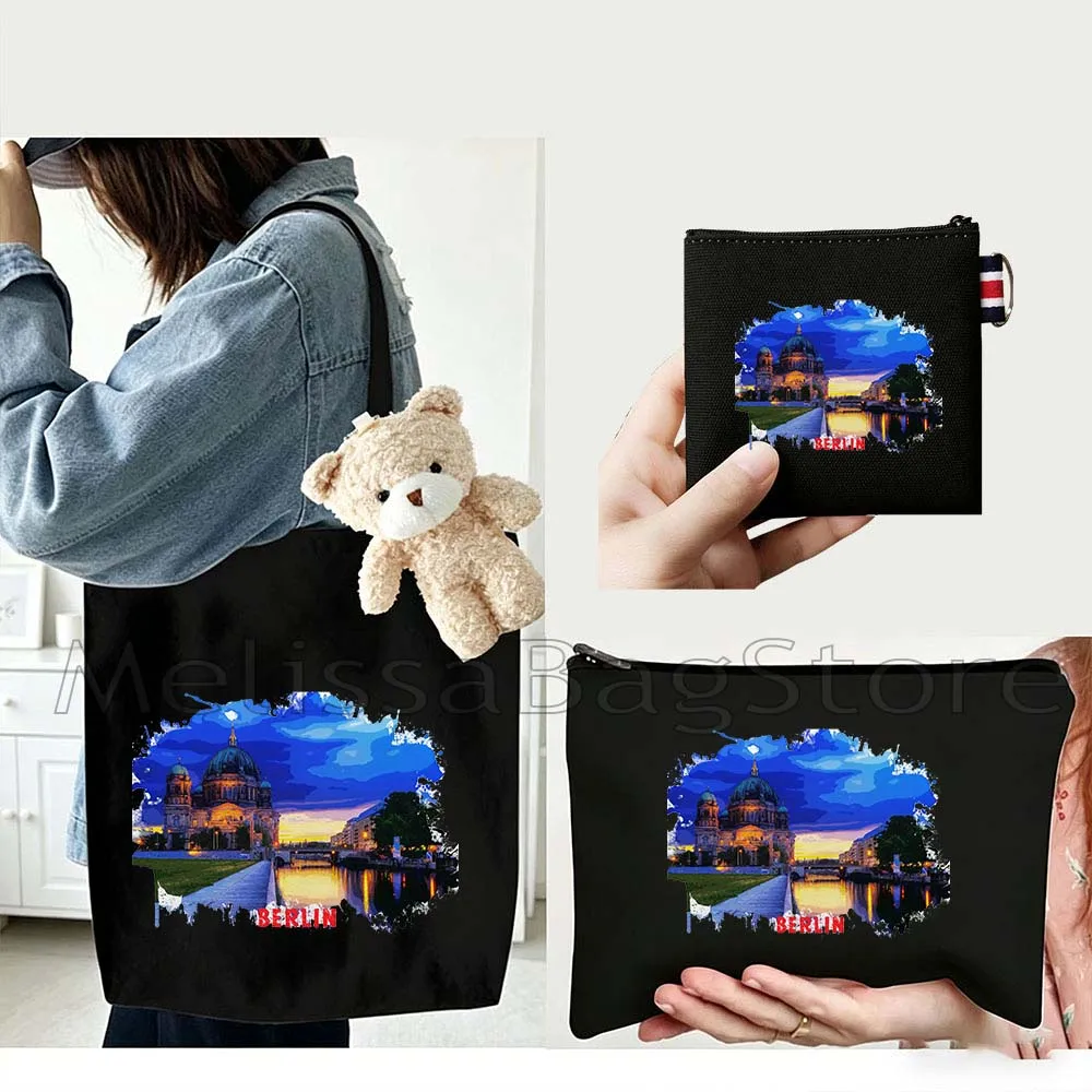 

4PCS Gifts Set Berlin Germany Black Canvas Tote Bag Handbag with Doll Key Coin Purse Cosmetic Makeup Toilet Bag Case Pouch