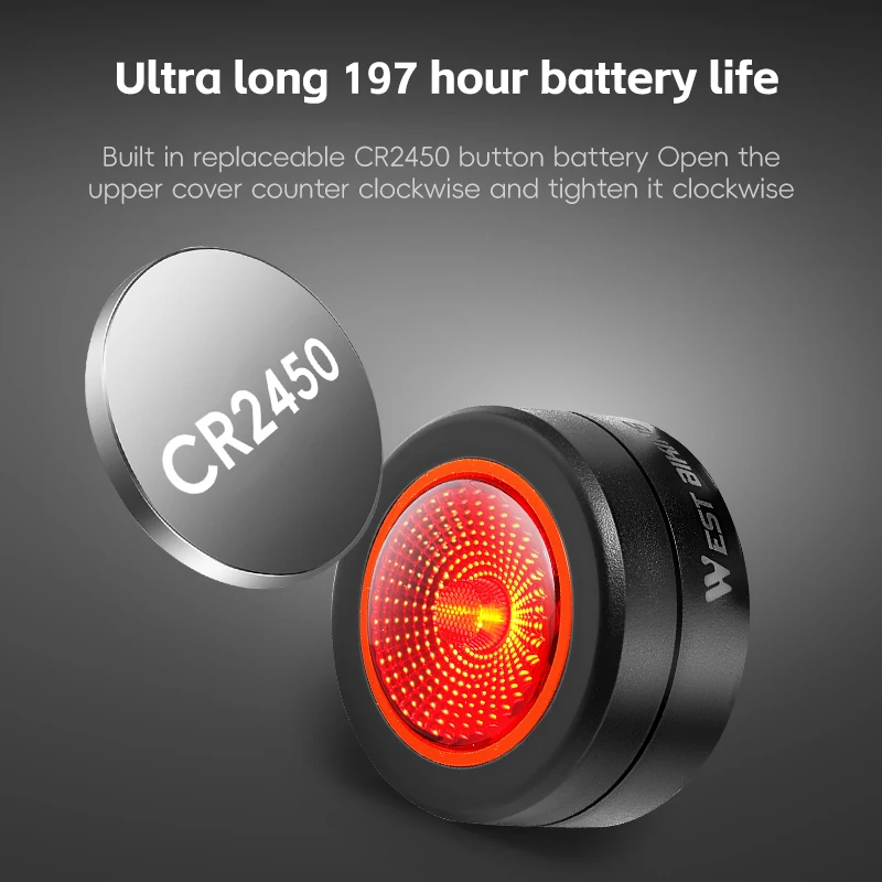 

Велосипедный задний фонарь WEST BIKING, магнитный велосипедный фонарь, водонепроницаемый, CR2450, кнопка, монтаж на батарейке, умный 5-режимный датчик, задний фонарь