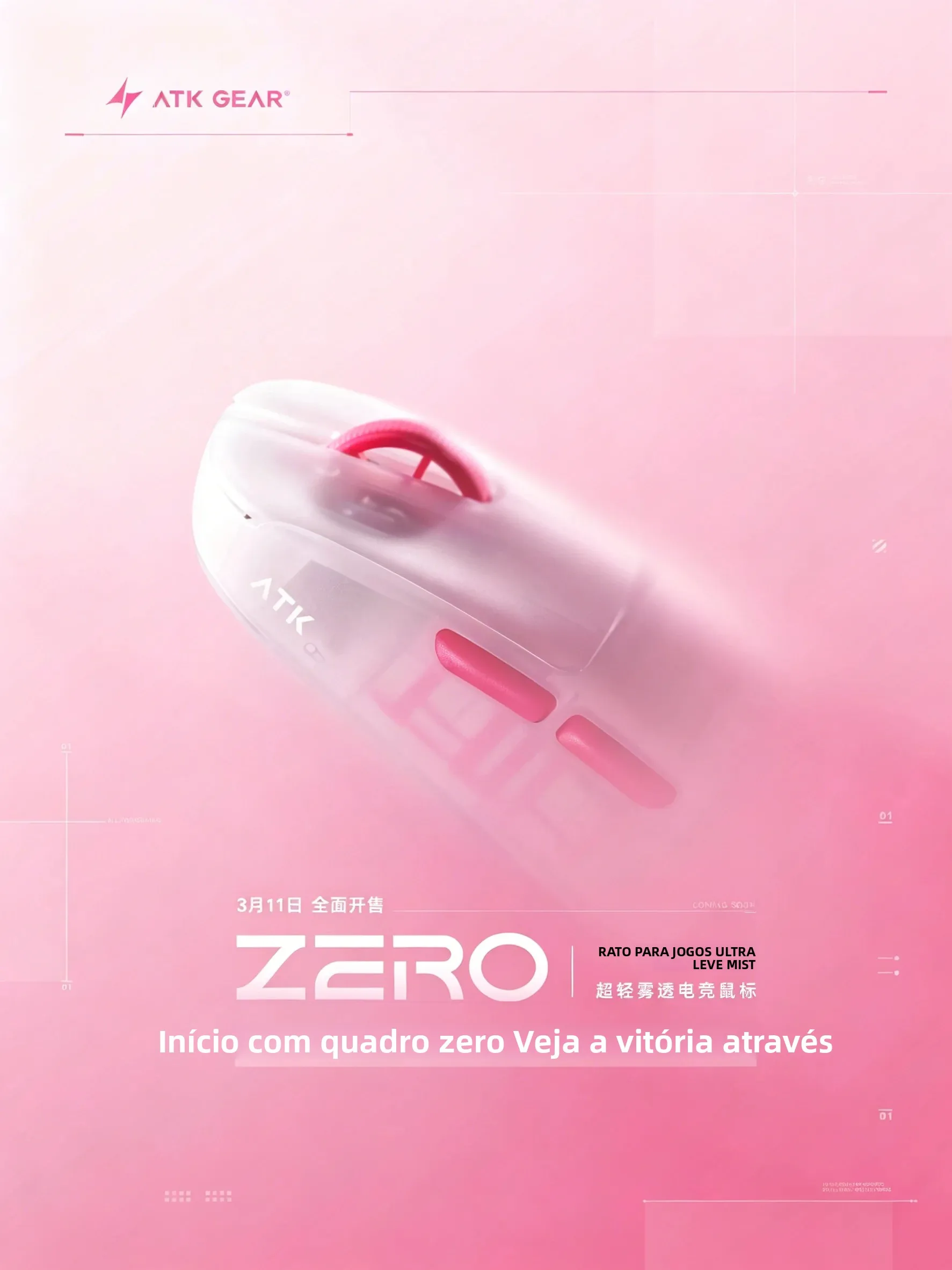 Mouse Gamer Sem Fio ATK ZERO Translúcido 39g Ultraleve Dual 8K PAW3950 Ultra Ergonômico Dual-Mode 42000DPI para PC