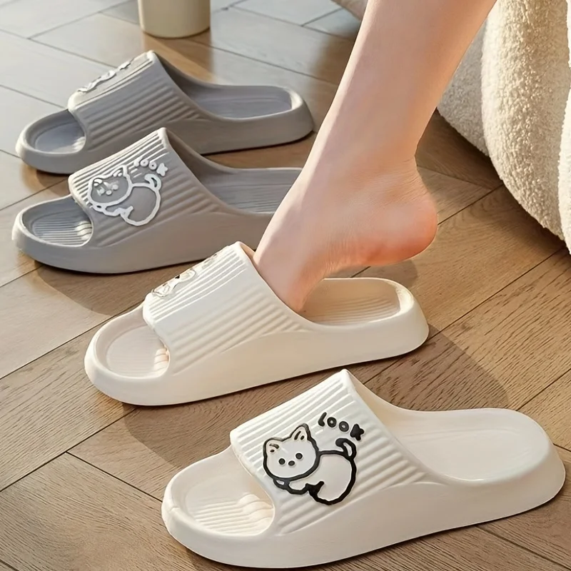 Fun Comfortable Women's SLippers Chic Cartoon Kawaii Cat Print Slides Slip-on Bathroom EVA Flat Heel Indoor Summer Fashion