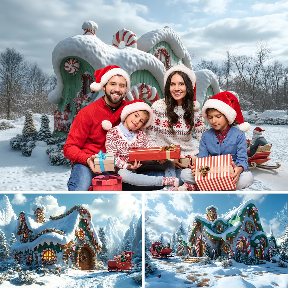 Feliz Navidad casa de nieve telón de fondo bosque de invierno paisaje nevado piruleta Santa cuento de hadas fotografía fondo estudio fotográfico