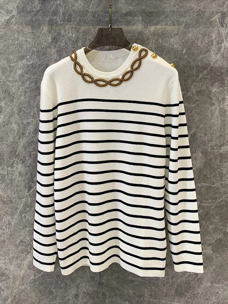 

Heavy craft beaded crew-neck button retro striped wool knit pullover 2024 fall women's new fashion all-match straight sweater