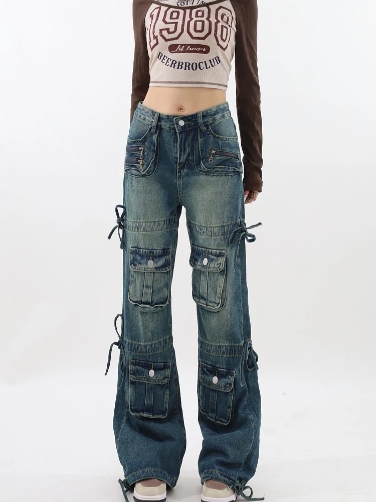 Women\'s Blue Cargo Jeans Y2k Wide Leg Pants High Waist Jeans Korean Aesthetic Fashion Baggy Denim Trouser Vintage Straight Jeans