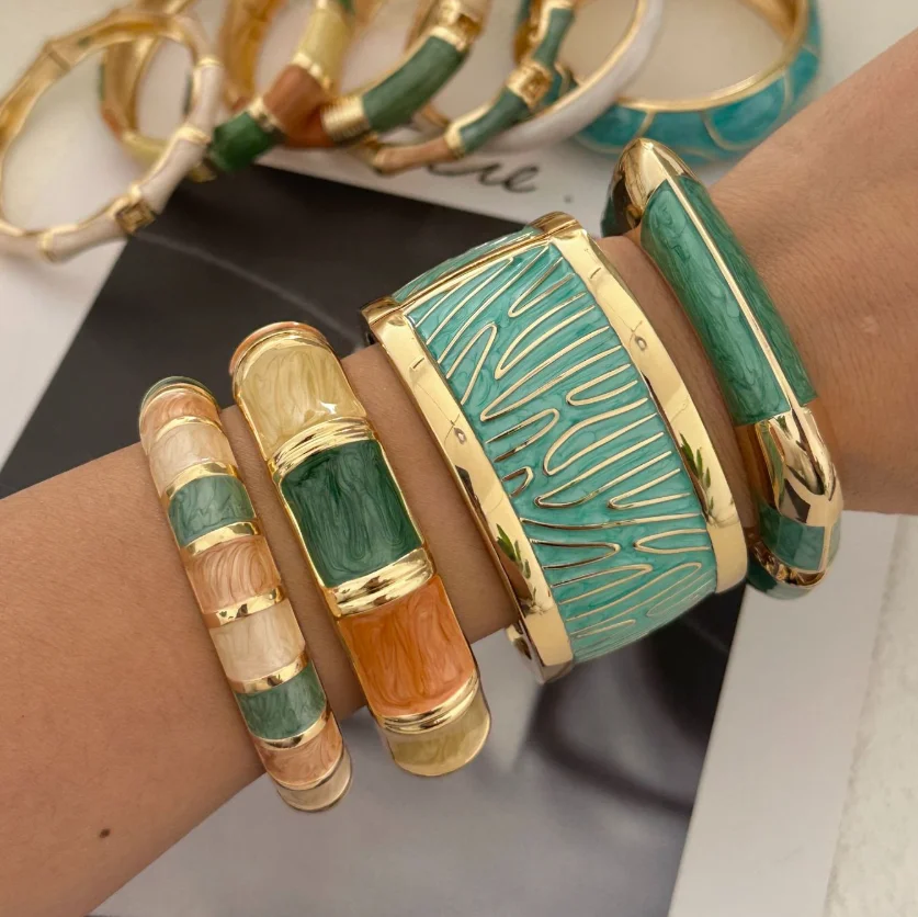 Bohemian Punk Alloy Enamel Cuff Bangles Hip Hop Geometric Irregular Gold Color Metal Wide Bracelets For Women Aesthetic Jewelry