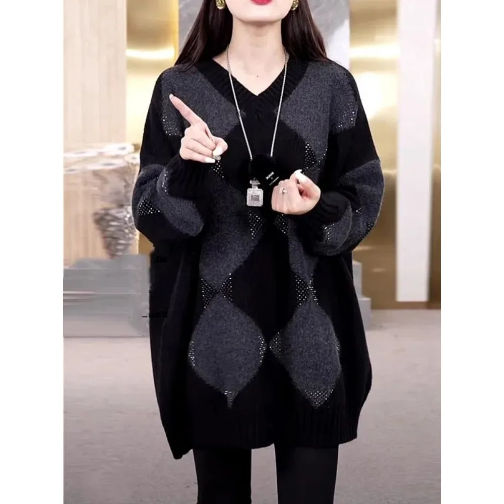 다림질 다이아몬드 탑 세련된 풀오버 니트 스웨터 가을, 겨울 새로운 박쥐 모양의 중간 길이 v 넥 우아한 다목적 탑