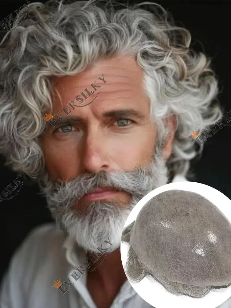 Unentdeckbare 28mm Locken # 550 1b80 Grau-Blond Micro 0,06mm Skin Vloop Echthaar-Toupet für Männer, Haarprothese, Haarteil – Detail 1