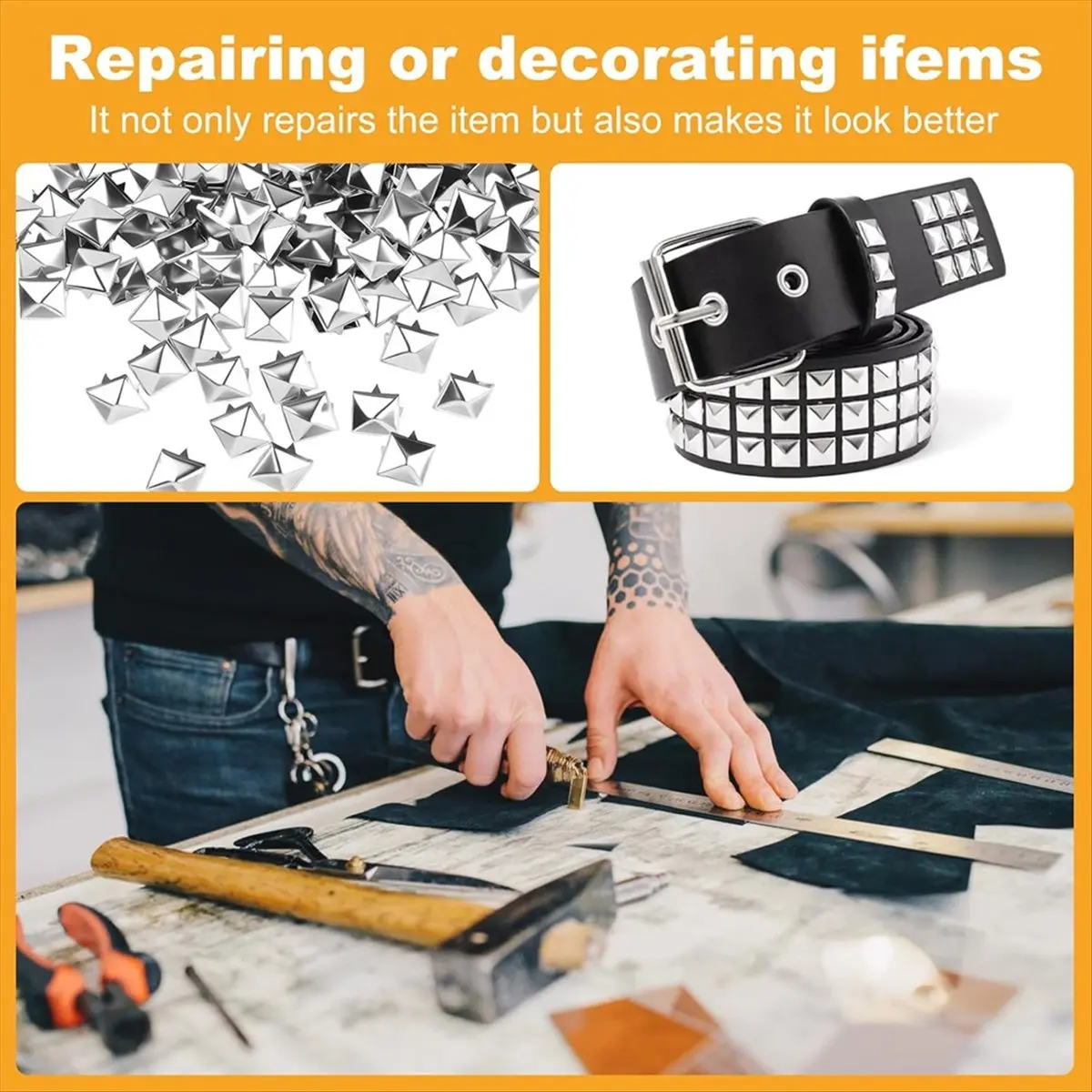 HITL 400Pcs 10mm Square Pyramid Studs, Metal Claw Nailhead Spike Rivets with Wooden Handle Awl Tool for Punk Rock Clothing A