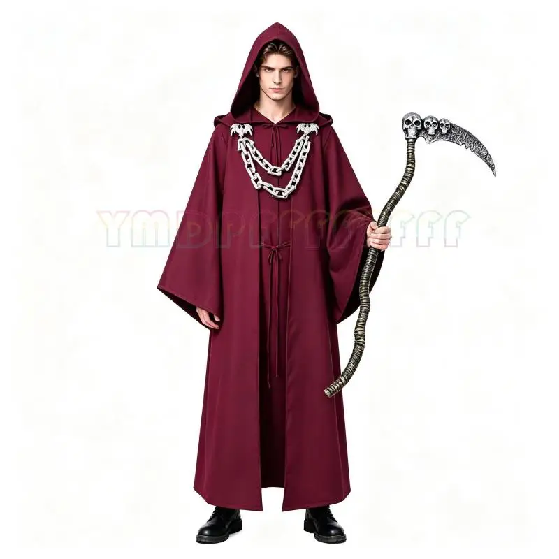 Halloween Dark Chain Hooded Robe Set Medieval Wizard Priest Cosplay Set Role Playing Party Costume
