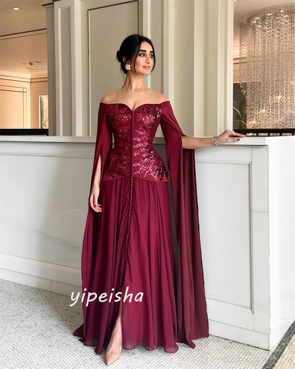   Satin Sequined Button Formal Evening A-line V-neck Bespoke Occasion Gown Long Dresses