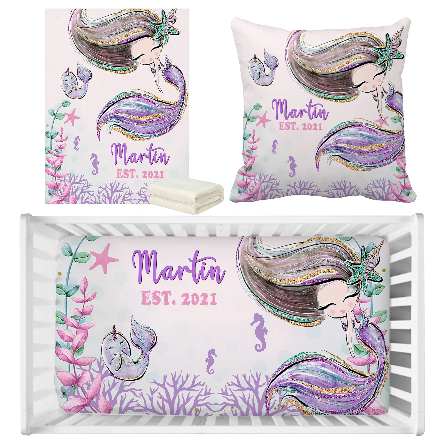 

LVYZIHO Watercolor Mermaid Personalized Name Cirb Sheet Set, Birthday Gift Toddler Bedding Set, Baby Shower Cirb Bedding Set