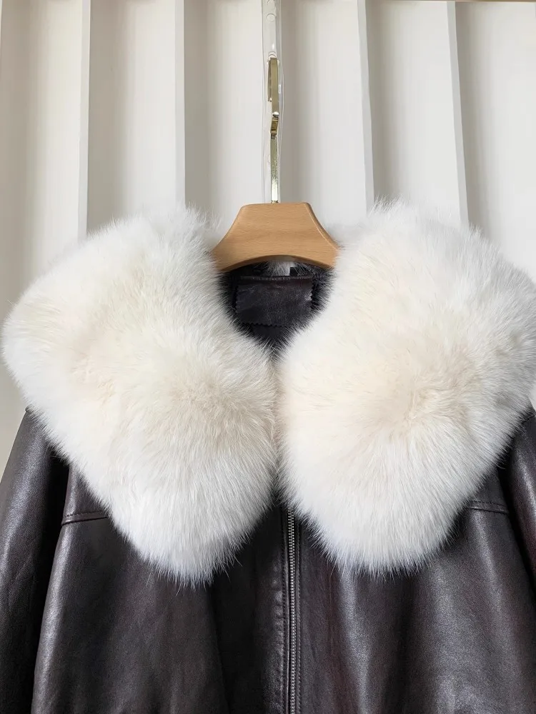 Abrigo de invierno de piel auténtica para mujer, abrigo con cuello de piel de zorro empalmado, forro cálido, chaqueta de piel de oveja auténtica de alta calidad